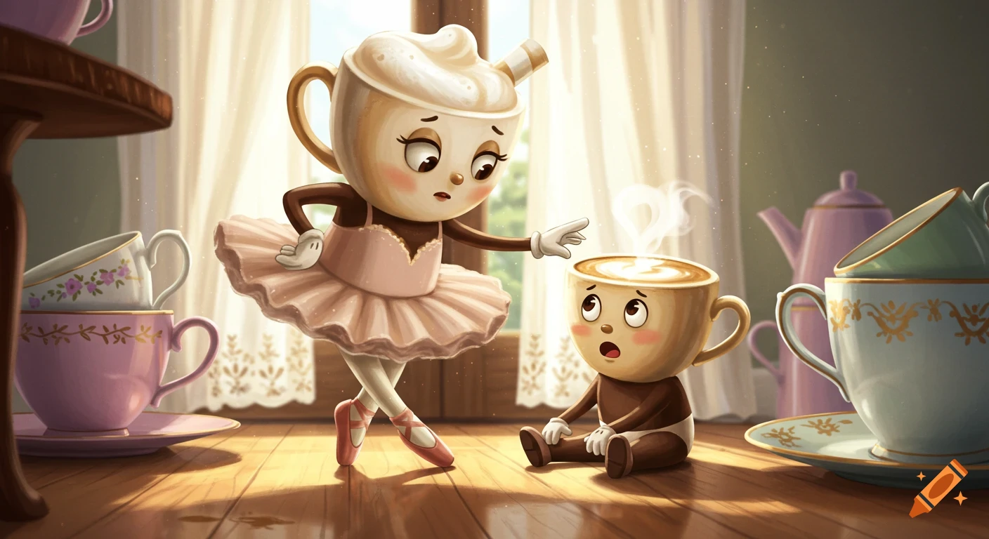A ballerina teacup character with whipped cream hair gently scolds a small, round coffee cup character sitting on a sunlit wooden floor.