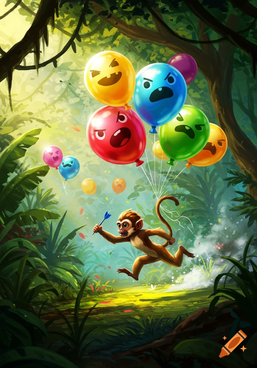 A cartoon monkey with a dart chases sentient, colorful balloons with faces through a vibrant jungle.