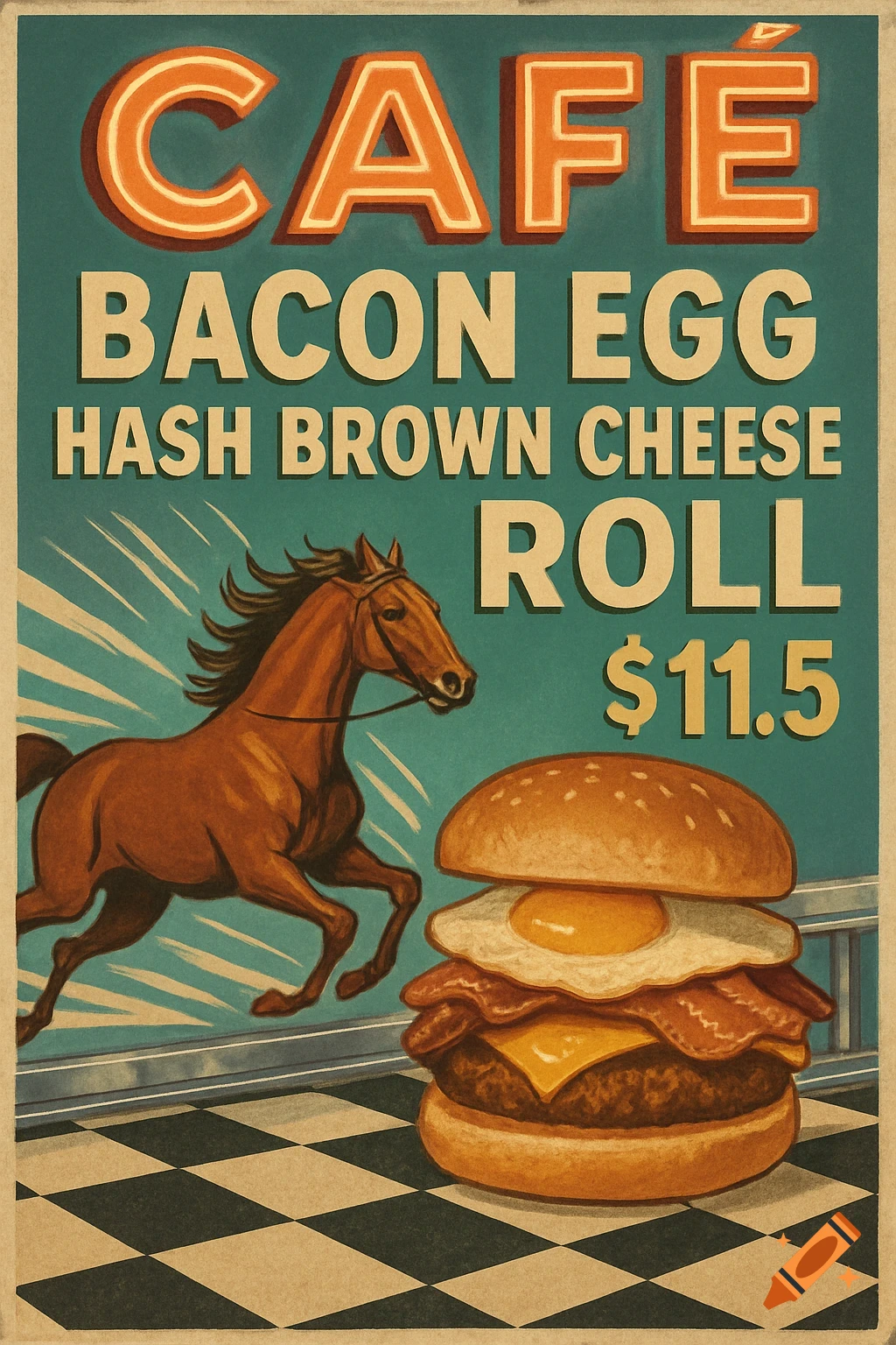 Retro cafe poster for a Bacon Egg Hash Brown Cheese Roll, featuring a horse and a burger.