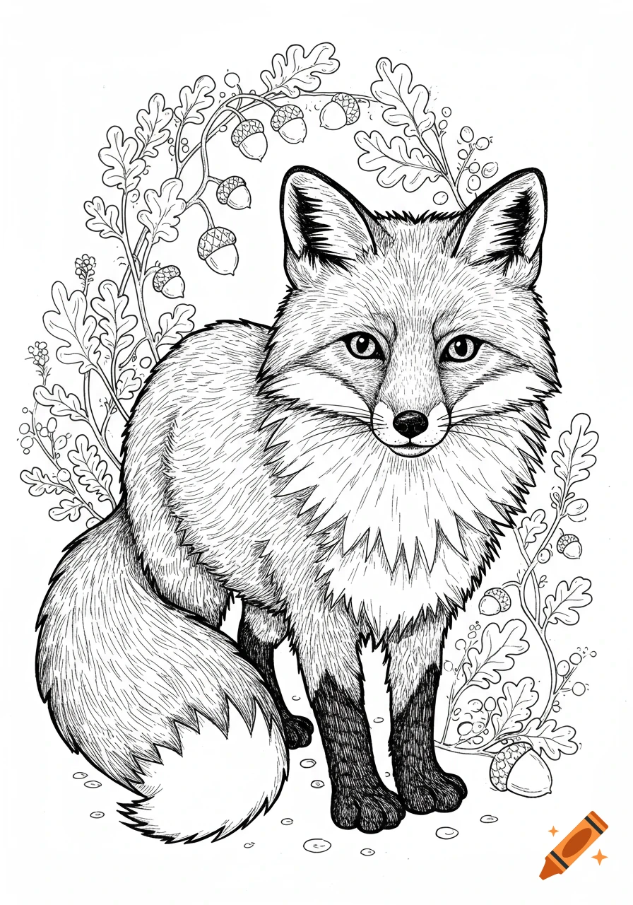 A black and white line art illustration of a cute fox standing, framed by oak leaves and acorns.