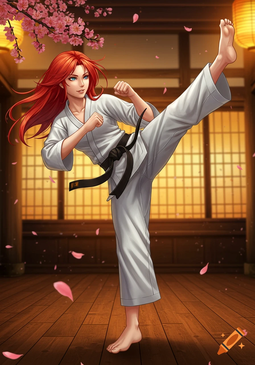 An anime girl with long red hair and blue eyes, wearing a white karate gi with a black belt, performs a high kick in a traditional dojo with cherry blossoms overhead.