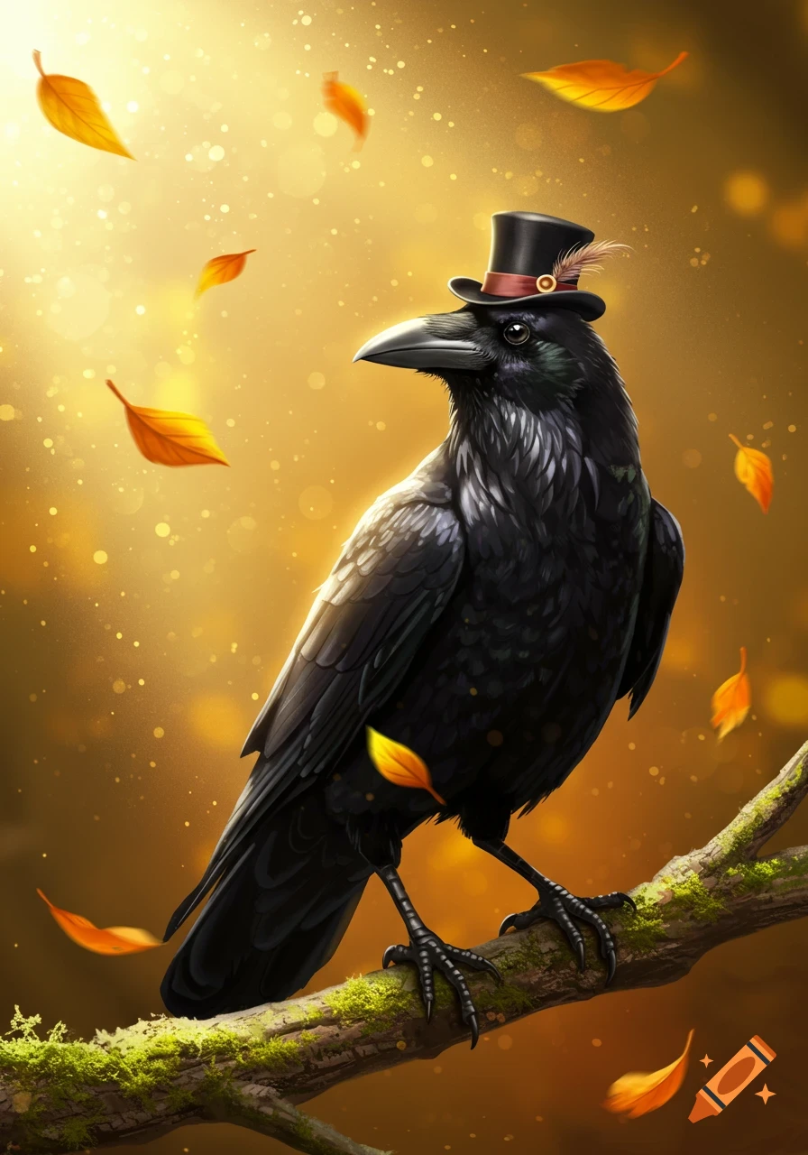 A black raven wearing a small top hat sits on a mossy branch, surrounded by falling golden leaves and warm, glowing light.