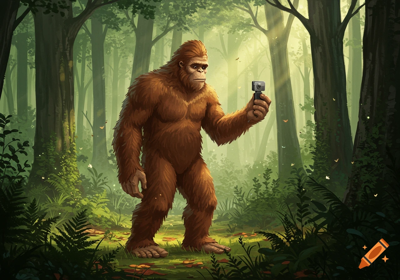 A furry, brown Bigfoot stands in a green, sun-dappled forest, holding a small black action camera out as if vlogging. The art style is illustrative.