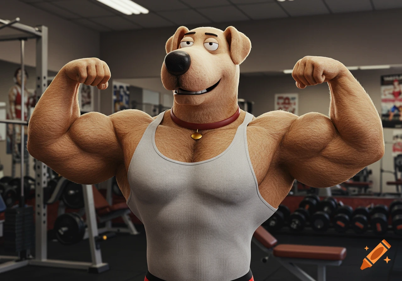 A muscular cartoon dog wearing a white tank top flexes its biceps in a gym in a 3D animated style.