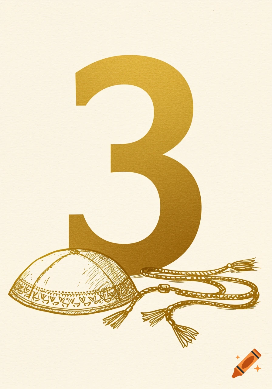 A large gold number 3 behind a sketch-style kippah and tzitzit on a textured beige background.