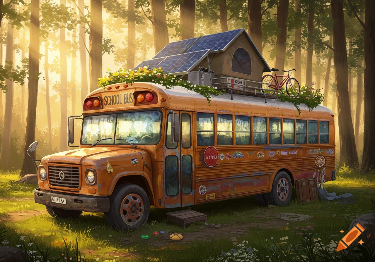 An old orange school bus converted into a camper with a rooftop tent and solar panels, parked in a sunlit forest clearing.