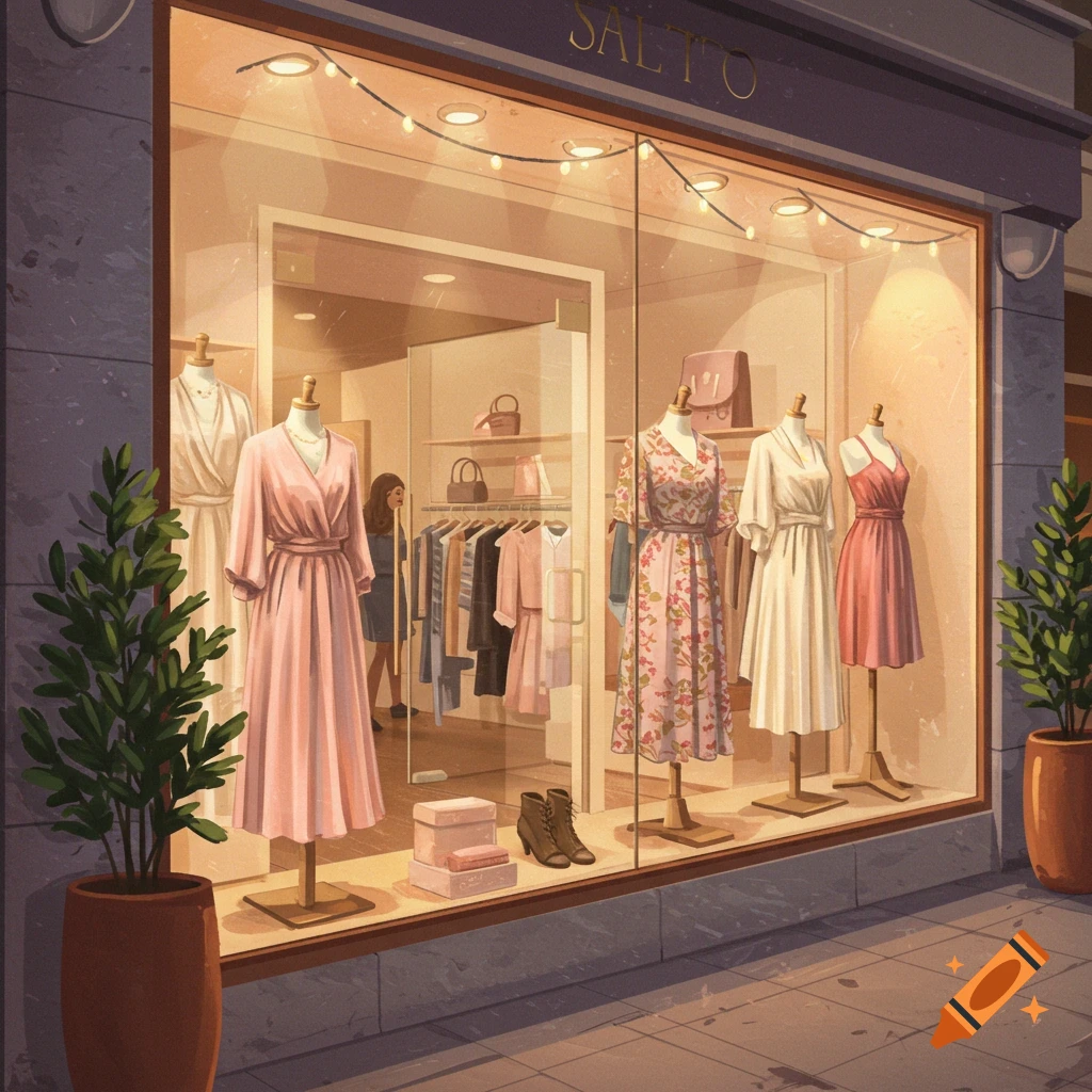 A stylized illustration of a clothing store window at dusk, with mannequins displaying dresses, shoes, and bags.