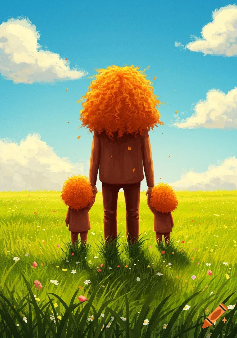 Stylized illustration of a person with orange curly hair and two children, viewed from behind, standing in a green field with flowers under a blue sky.