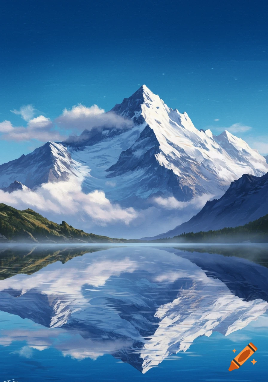 A digital painting of a snow-capped mountain reflecting in a calm lake under a clear blue sky.