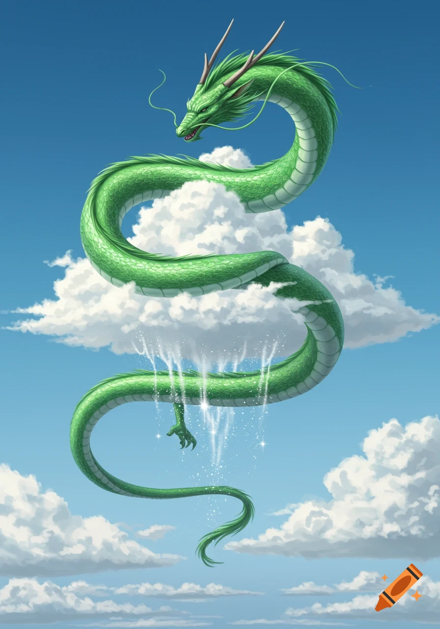 A long green dragon with a scaled body and whiskers floats among white clouds in a blue sky, with sparkling water falling from its midsection.