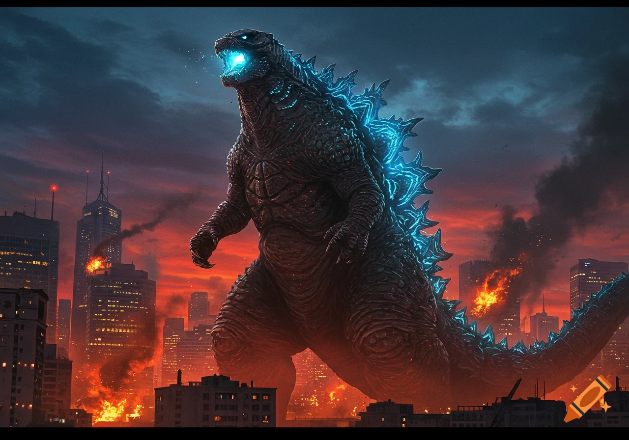 A giant Godzilla with glowing blue spines stands amidst a burning cityscape at dusk.