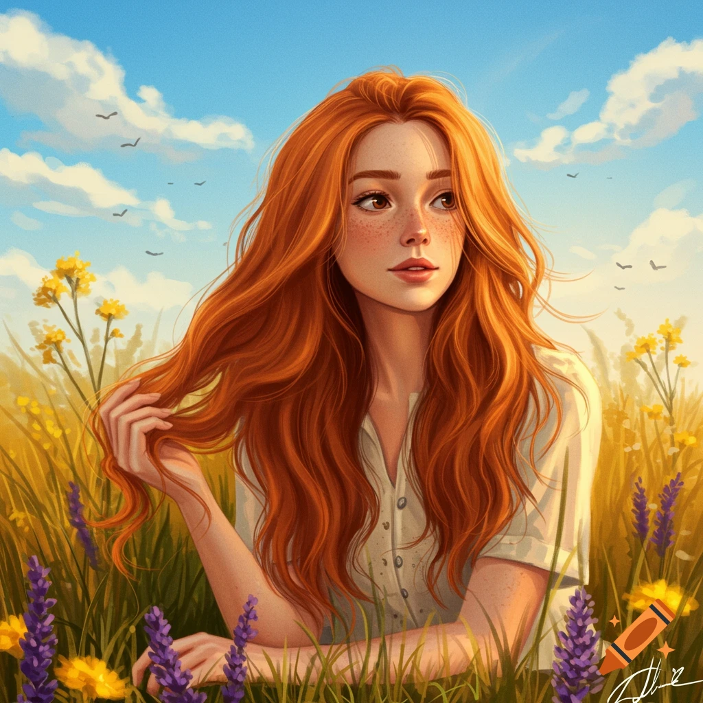 Stylized illustration of a young girl with long ginger hair and freckles, sitting in a field of yellow and purple flowers under a blue sky.