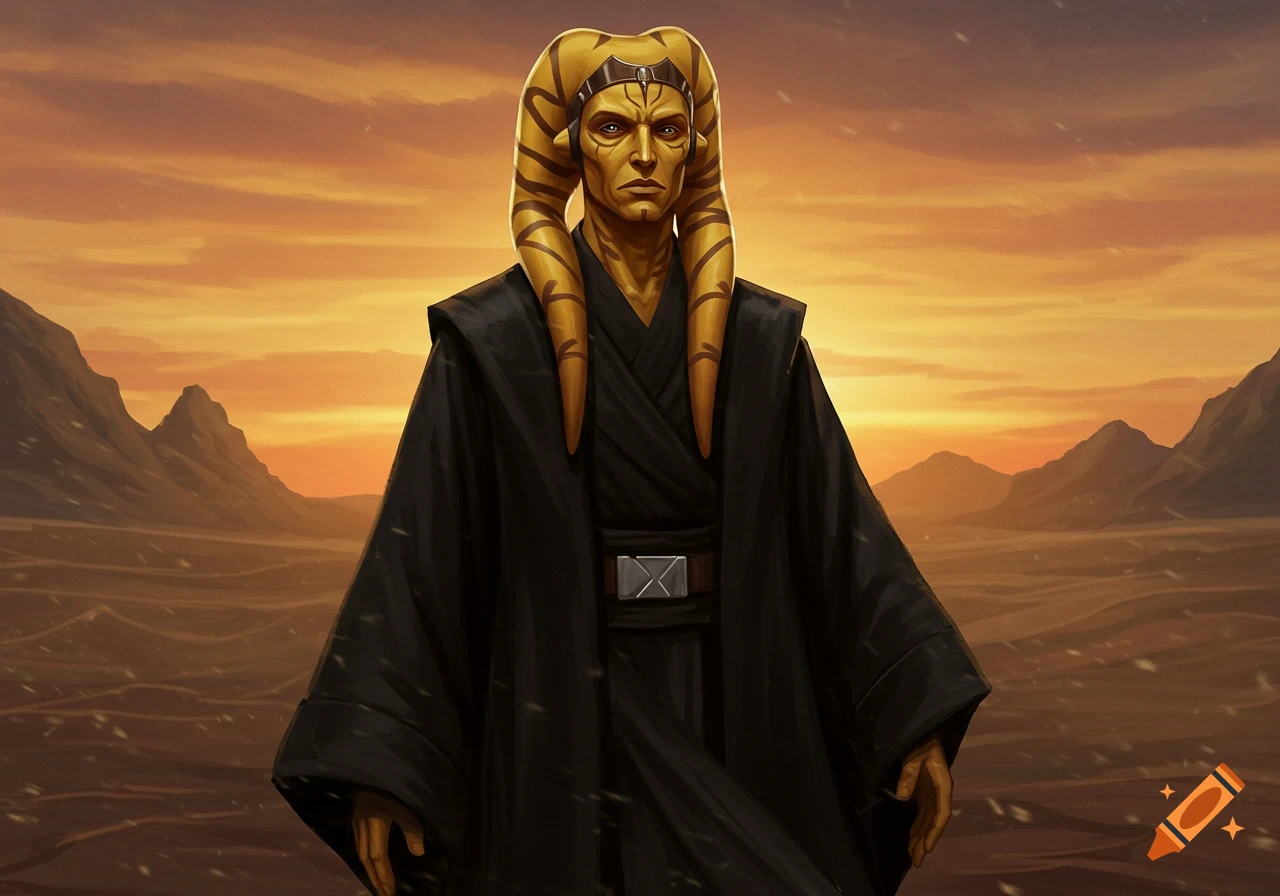 A male Twi'lek character with yellowish-tan skin and black robes stands in a desert landscape under an orange sunset, digital art.