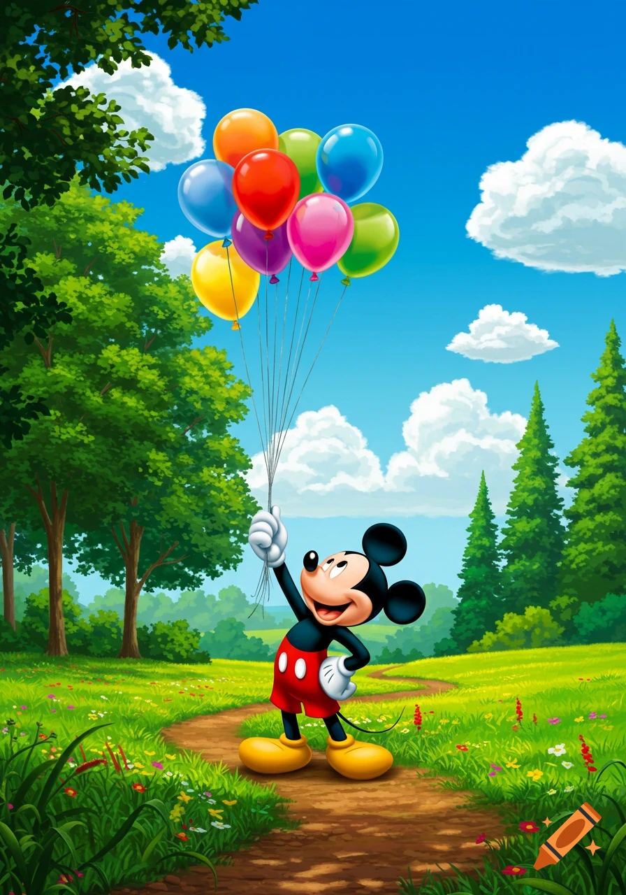Mickey Mouse stands in a green field with a winding path, holding a large bunch of colorful balloons, under a bright blue sky with white clouds and trees.
