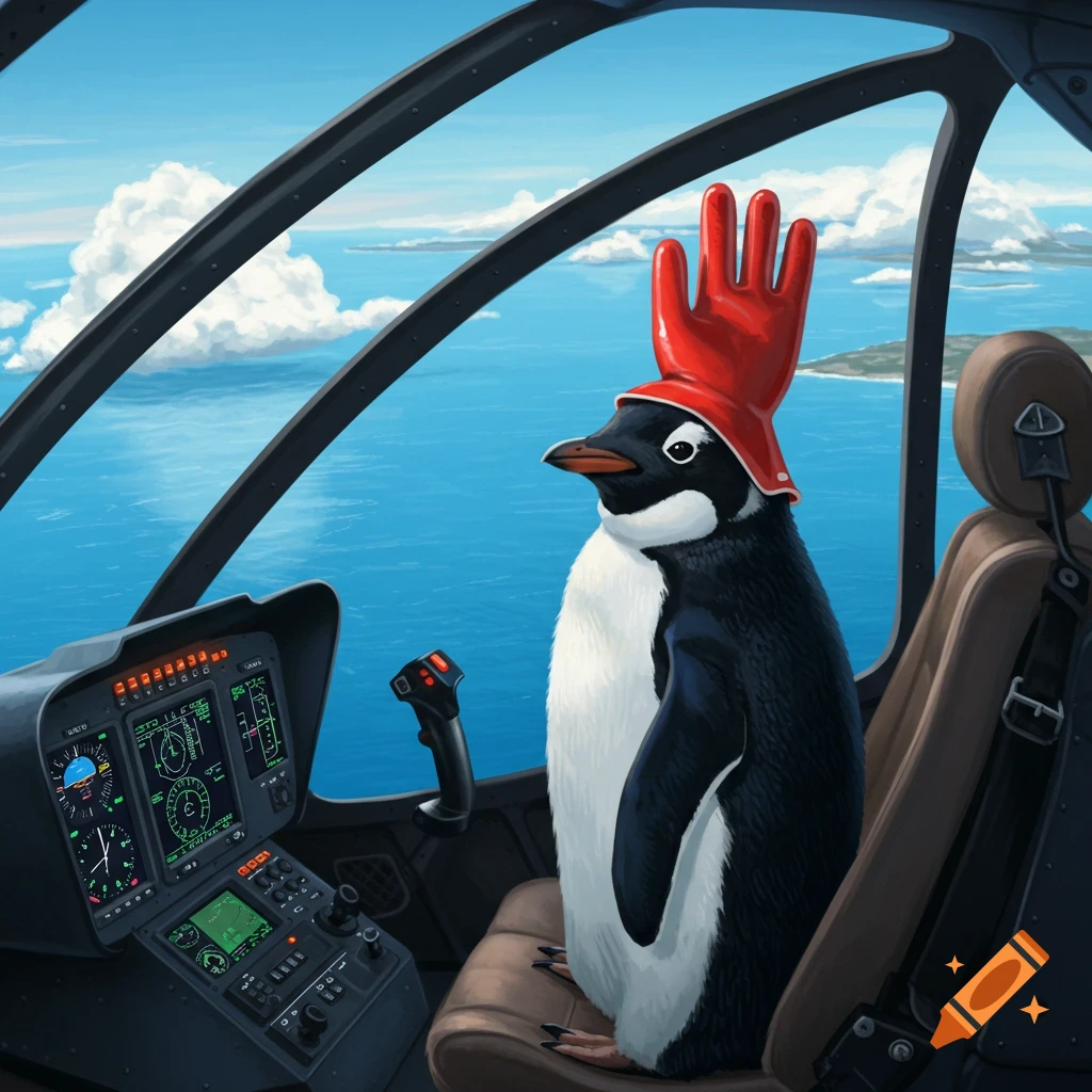 An illustration of a penguin wearing a red rubber glove on its head, piloting a helicopter over the ocean.