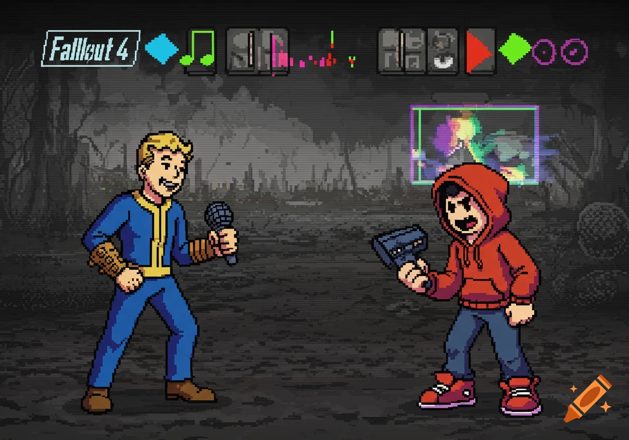 Pixel art of Fallout 4's Vault Boy rap battling Mark Heathcliff from Mandela Catalogue. Vault Boy holds a mic, Mark holds a camcorder. Post-apocalyptic background with game UI and VHS glitches.