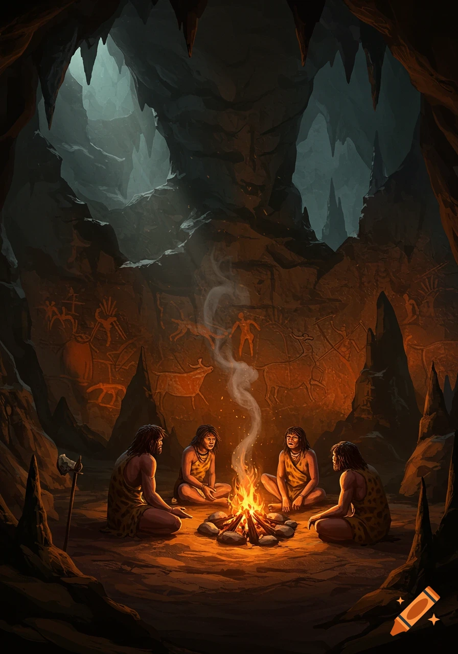 Four cave people sit around a glowing campfire inside a dark cave, with prehistoric cave paintings on the walls.