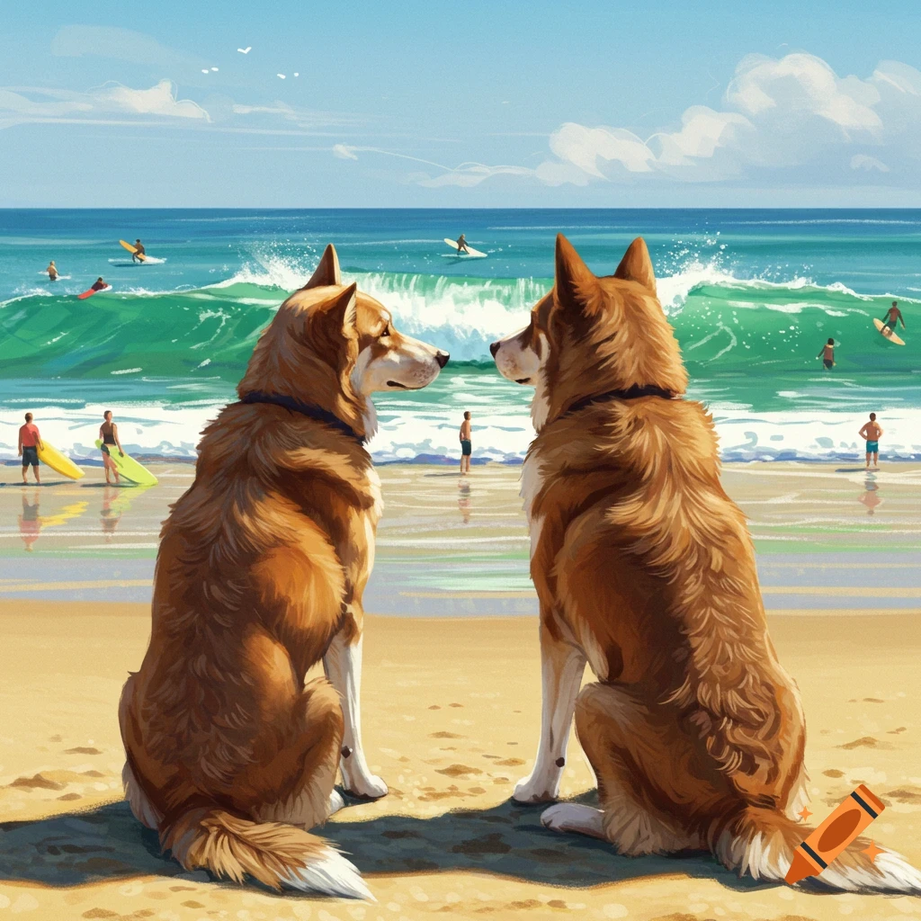 Two brown dogs sit on a sandy beach, looking at each other, with surfers and waves in the ocean behind them.