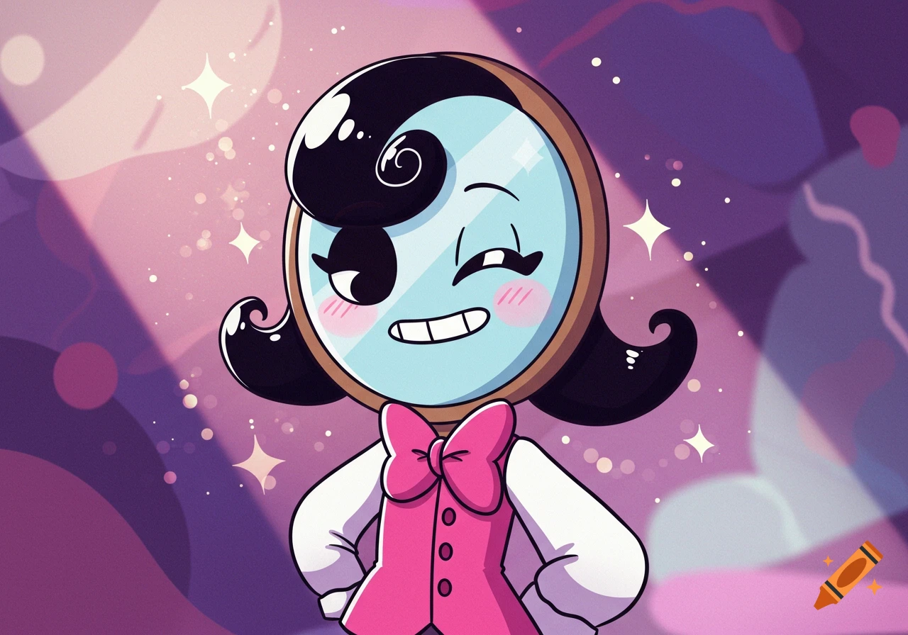 A cheerful cartoon character with a mirror for a head, black curly hair, and a pink bow tie, wearing a pink vest and white shirt, winking.