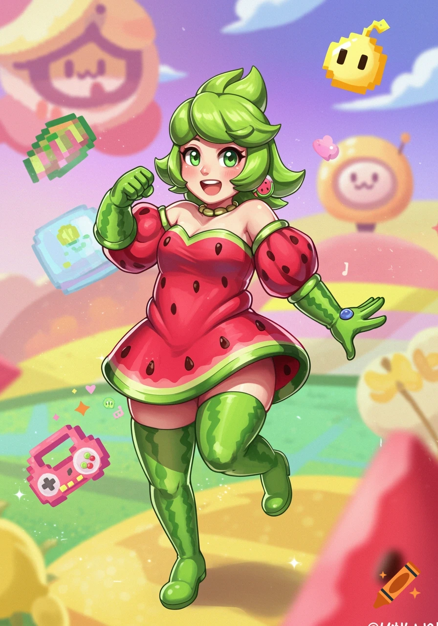 A cheerful, cartoon-style female character with green hair and a watermelon-themed dress poses in a vibrant, fantastical landscape with pixelated game elements.