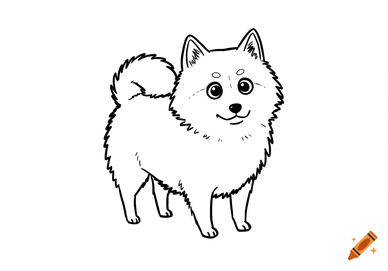 An outline drawing of a fluffy dog resembling a Schipperke, rendered in a simple, childlike style.