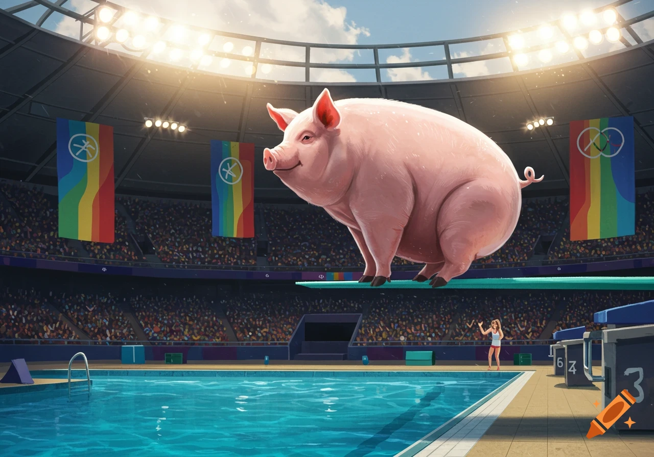 A giant pig stands on a diving board above a pool in a brightly lit Olympic stadium filled with spectators.