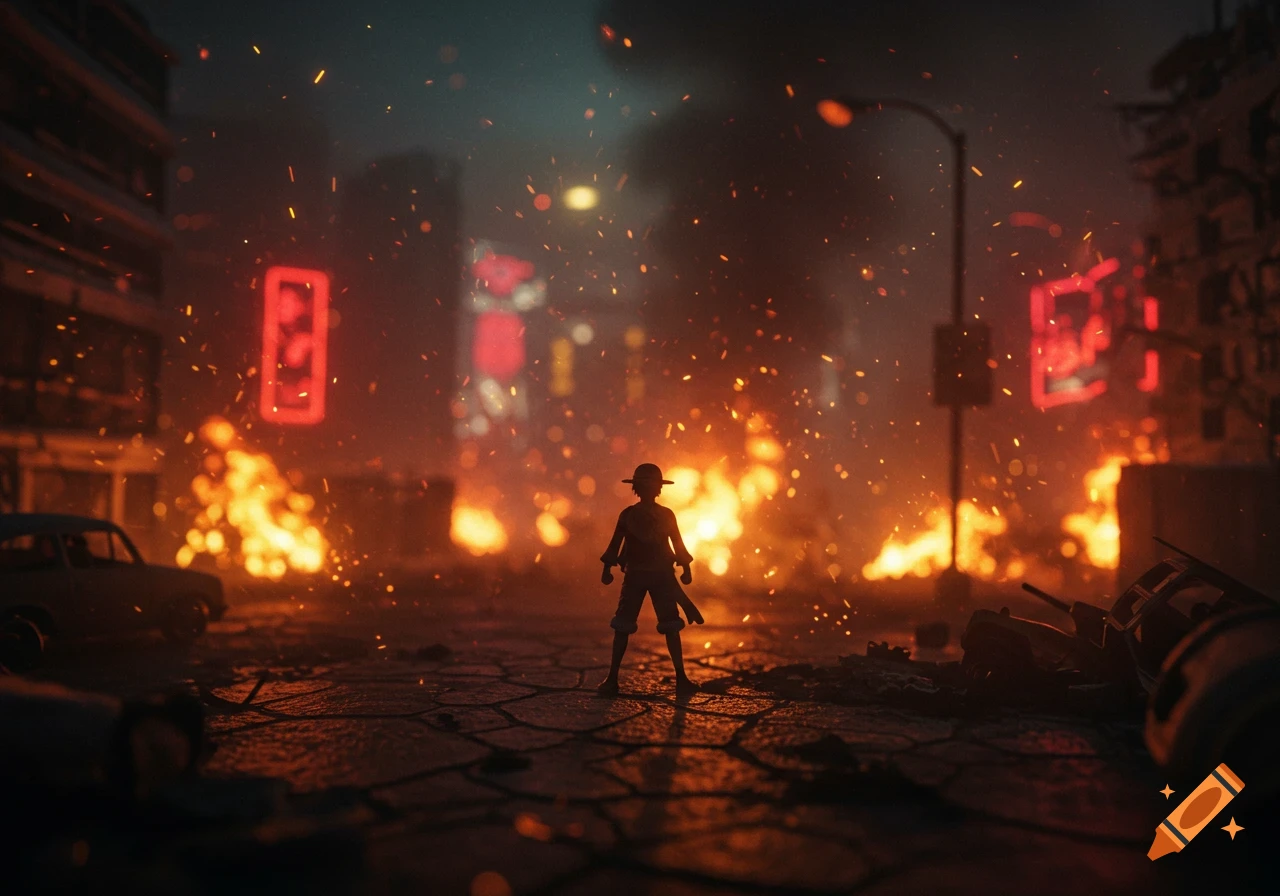 A silhouette of Monkey D. Luffy stands amidst a burning, destroyed city at night, with glowing red signs in the blurred background.