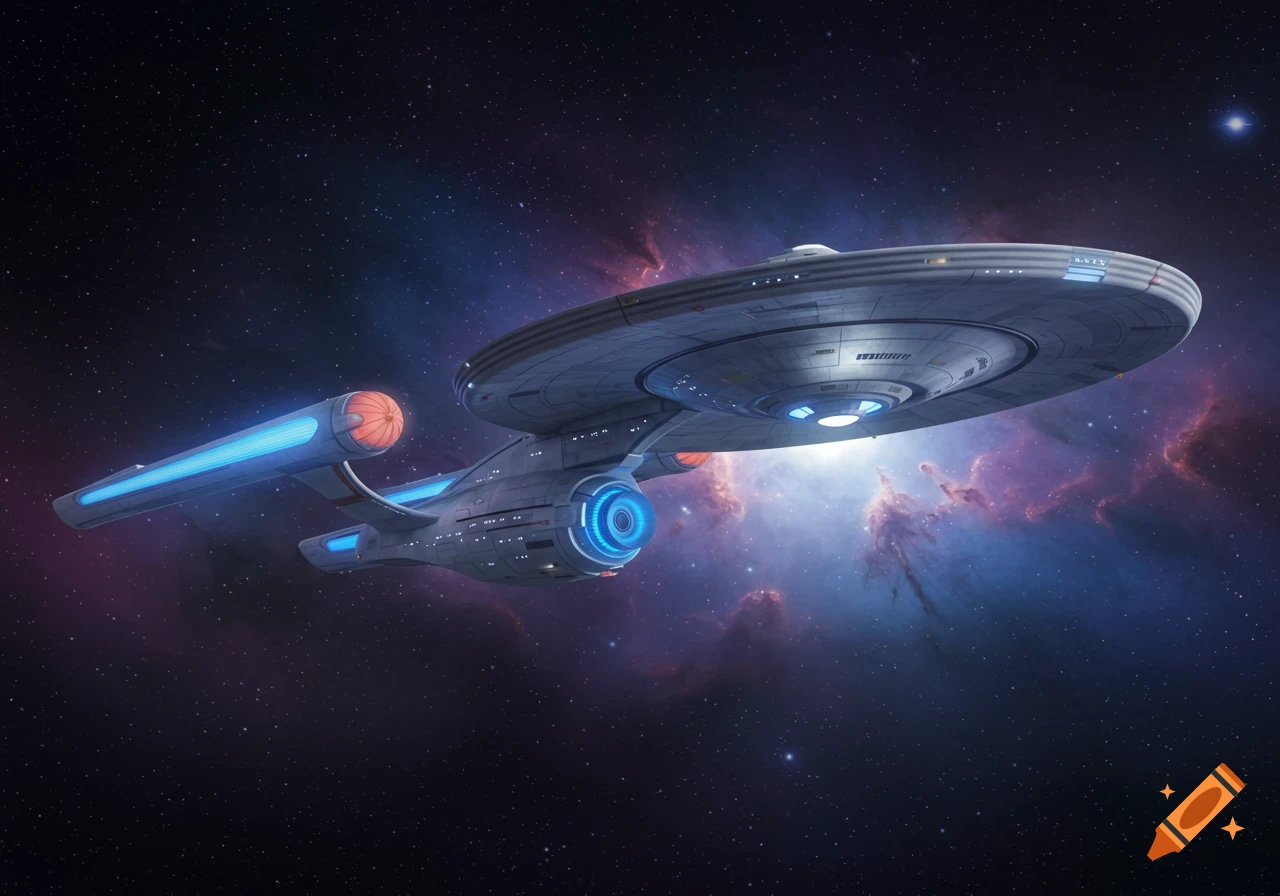A detailed Star Trek-style spaceship with blue glowing engines flies through a colorful nebula in deep space.