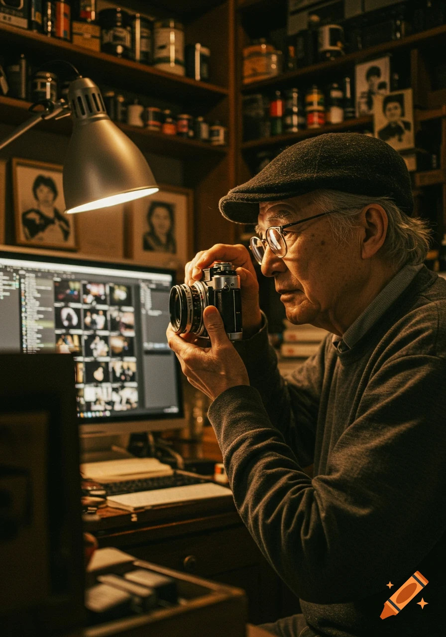 Elderly man in a newsboy cap looking at a vintage camera in a dimly lit study with a computer monitor displaying photos.