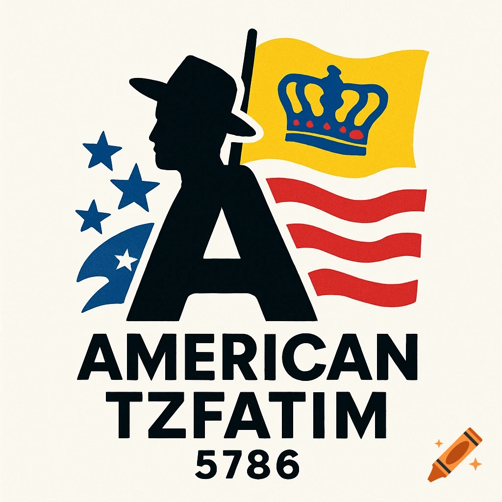 A bold logo featuring a black silhouette of a man in a fedora forming the letter 'A', with a yellow flag, red stripes, blue stars, and text 'AMERICAN TZFATIM 5786'.