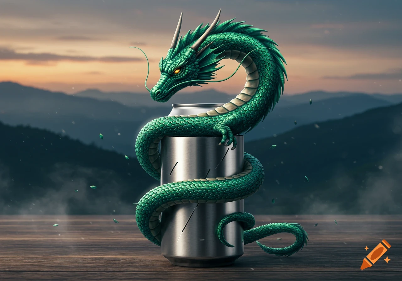 A vibrant green dragon with yellow eyes coiled around a silver can, set against a blurred mountain landscape at sunset.
