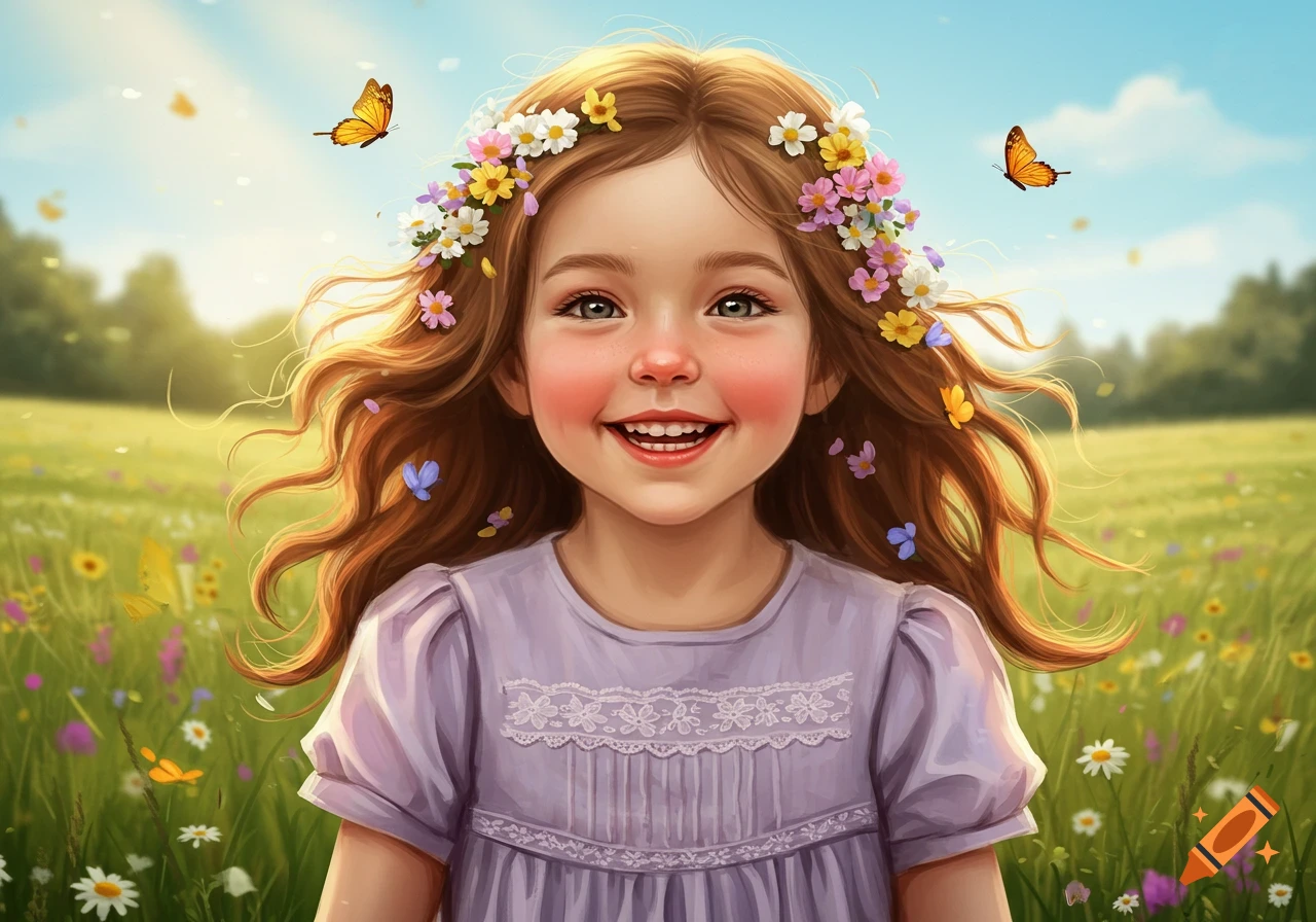 A smiling young girl with brown hair adorned with wildflowers stands in a sunny green meadow with butterflies.