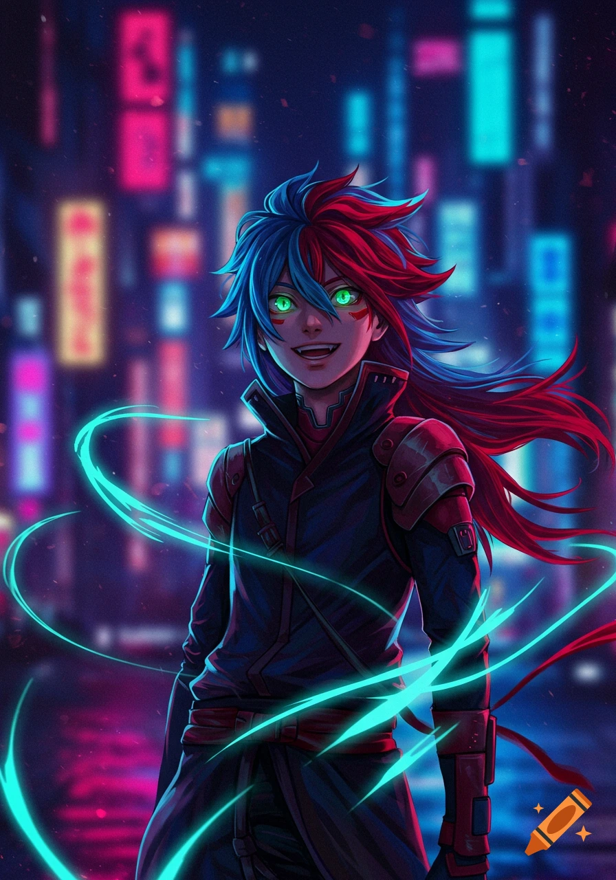 Anime character with split red and blue hair, glowing green eyes, and fangs, standing in a neon cyberpunk city.