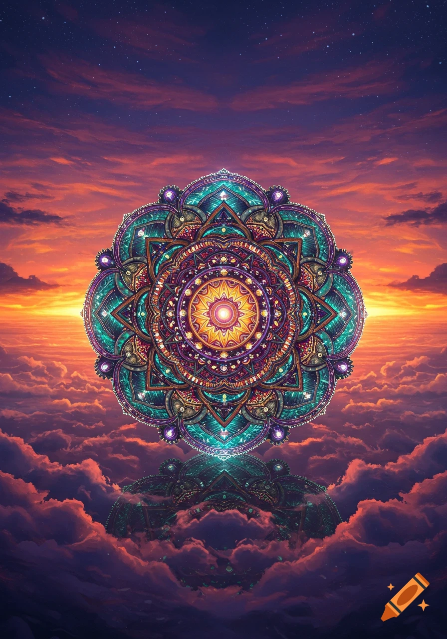 A vibrant, intricate mandala floats above clouds with a dramatic orange and purple sunset sky.