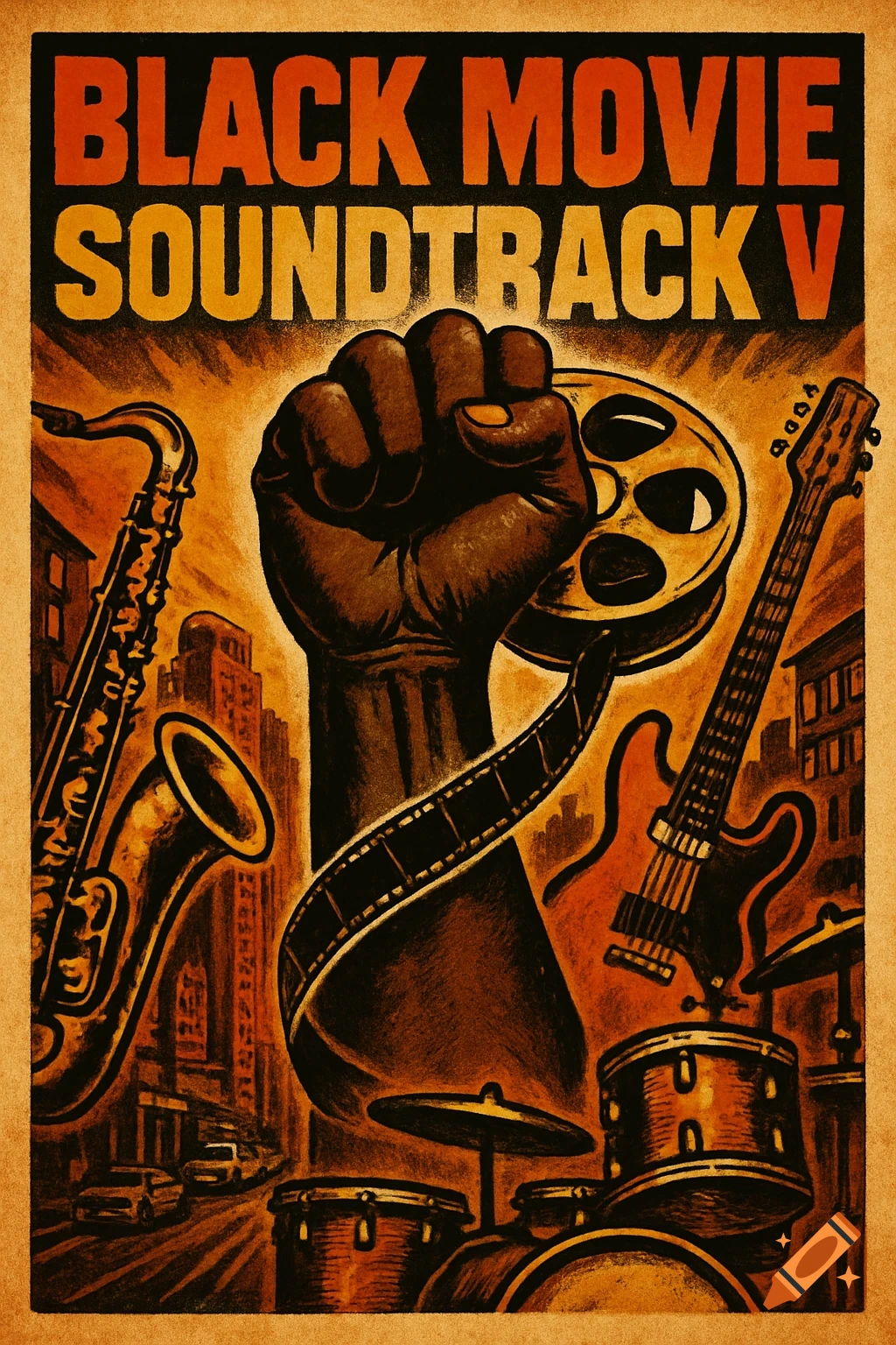 Vintage poster for Black Movie Soundtrack V featuring a raised fist holding a film reel, surrounded by a saxophone, guitar, and drums.