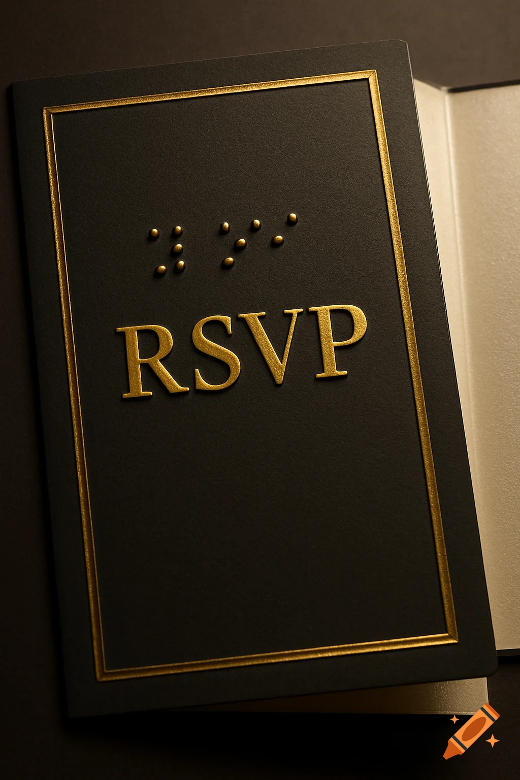 A dark gray greeting card with gold embossed text "RSVP" and corresponding braille, framed by a delicate gold border.