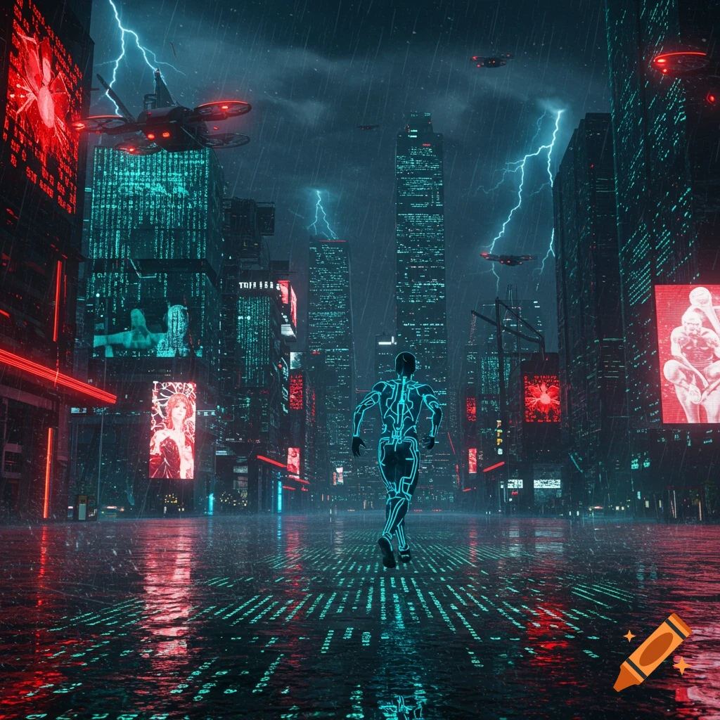 A person in a glowing cyan suit runs down a rainy, neon-lit cyberpunk city street under a stormy sky with lightning and flying drones.