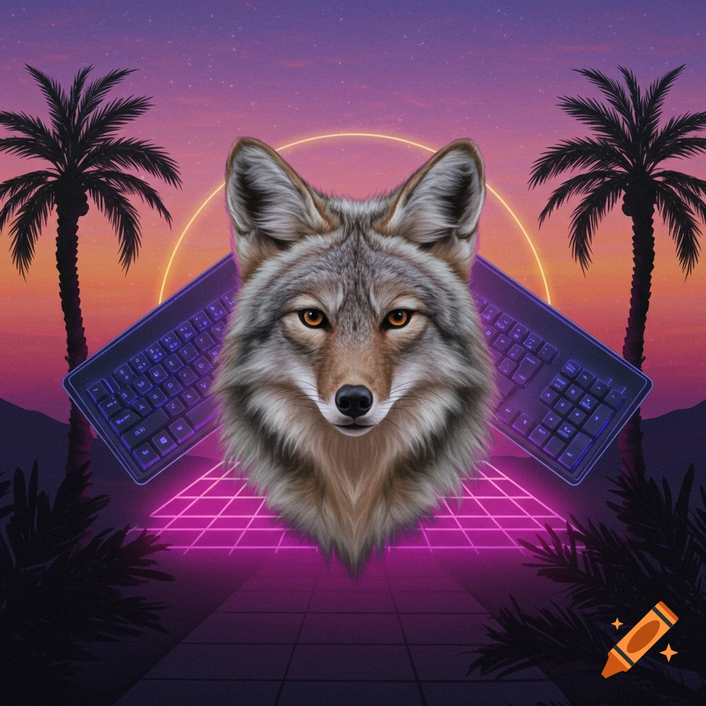 A coyote head against a retro synthwave sunset background with neon palm trees and two floating purple keyboards.