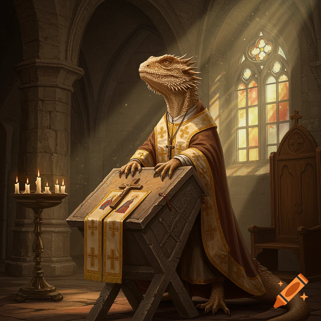 A bearded dragon dressed in brown and white robes with gold crosses stands at a wooden lectern in a church, bathed in sunlight from a stained-glass window.