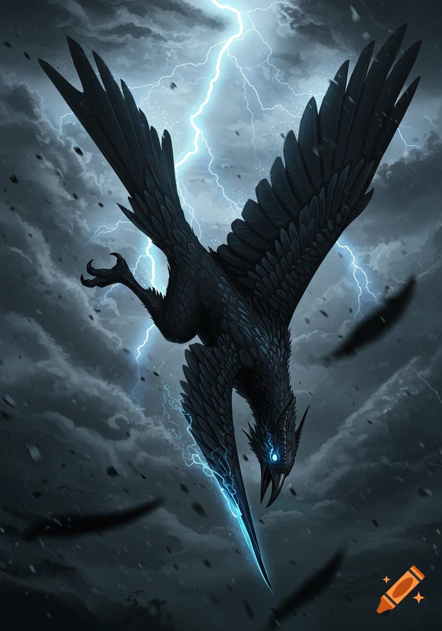 A dark fantasy bird-like creature with glowing blue eyes and beak, diving through a stormy sky with lightning.