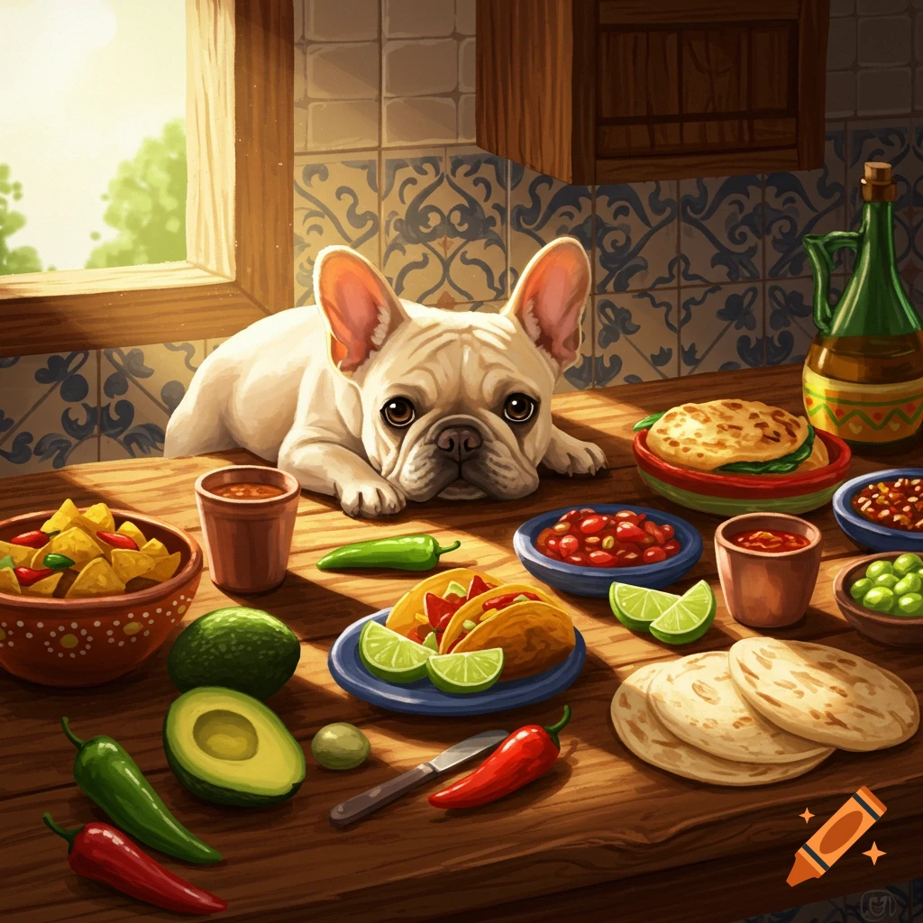 Cream French bulldog on a kitchen table with Mexican food like tacos, nachos, and guacamole, in an illustrative style.