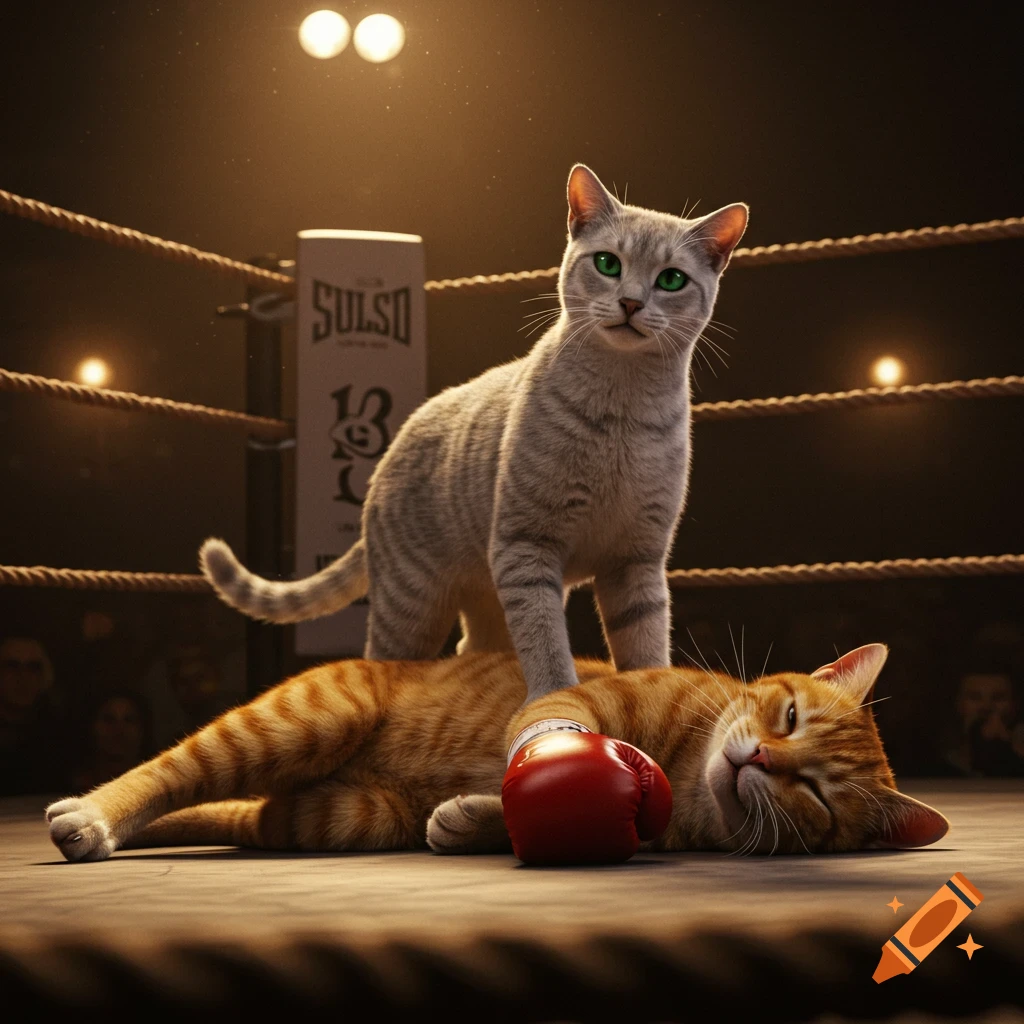 A photorealistic image of a grey tabby cat standing victorious over a defeated orange tabby cat wearing a red boxing glove in a dimly lit boxing ring.