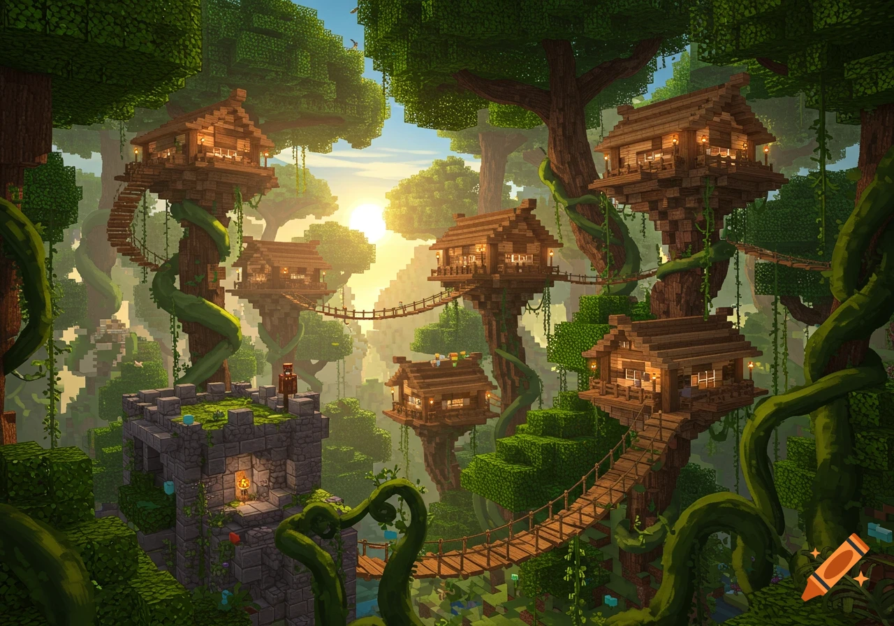 Blocky jungle scene with multiple wooden treehouses connected by rope bridges, a stone castle tower below, and bright sunlight.