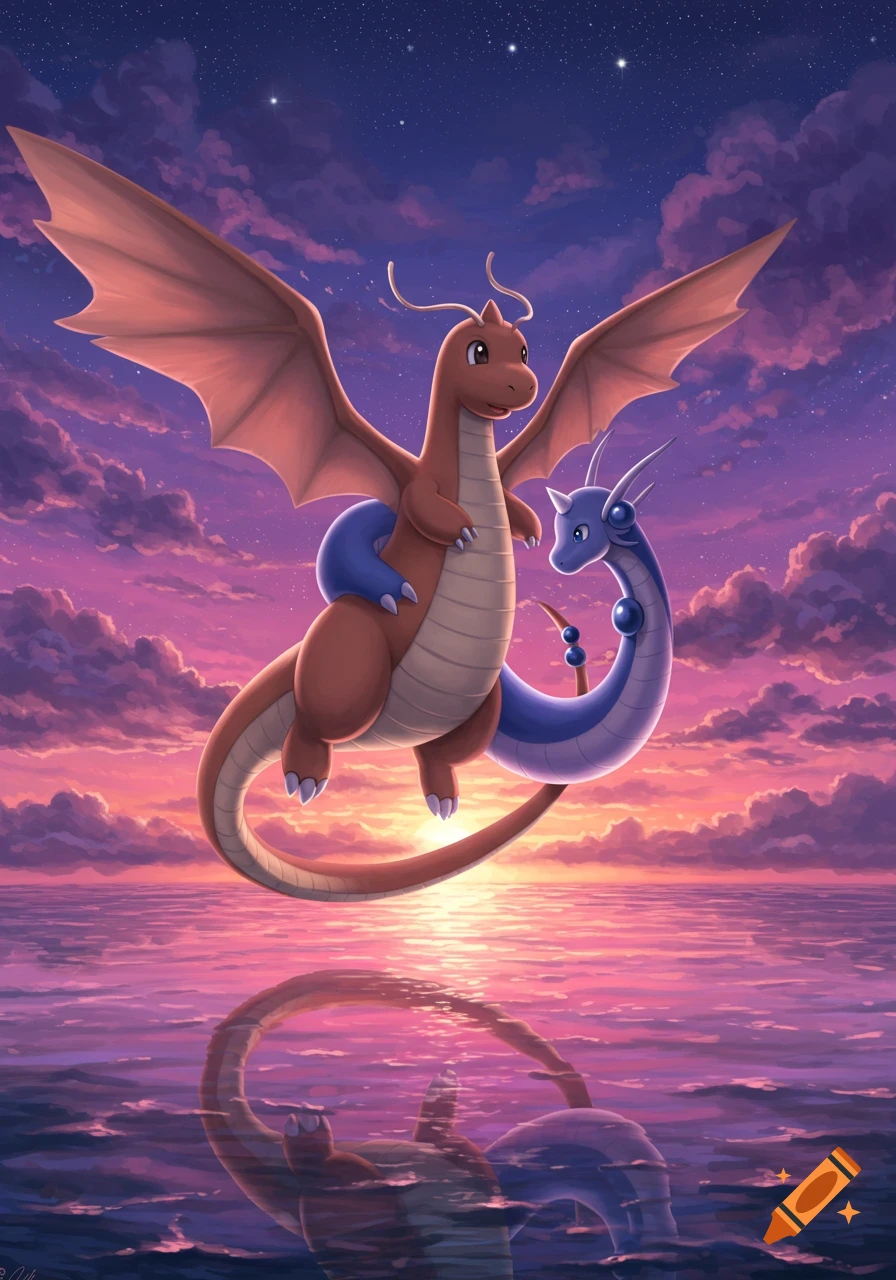 An illustration of Dragonite flying with Dragonair wrapped around it, over water reflecting a vibrant sunset sky.