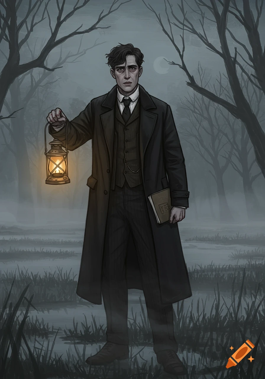 A moody illustration of a young man in an early 20th-century coat holding a lantern and a book in a foggy, eerie marsh.