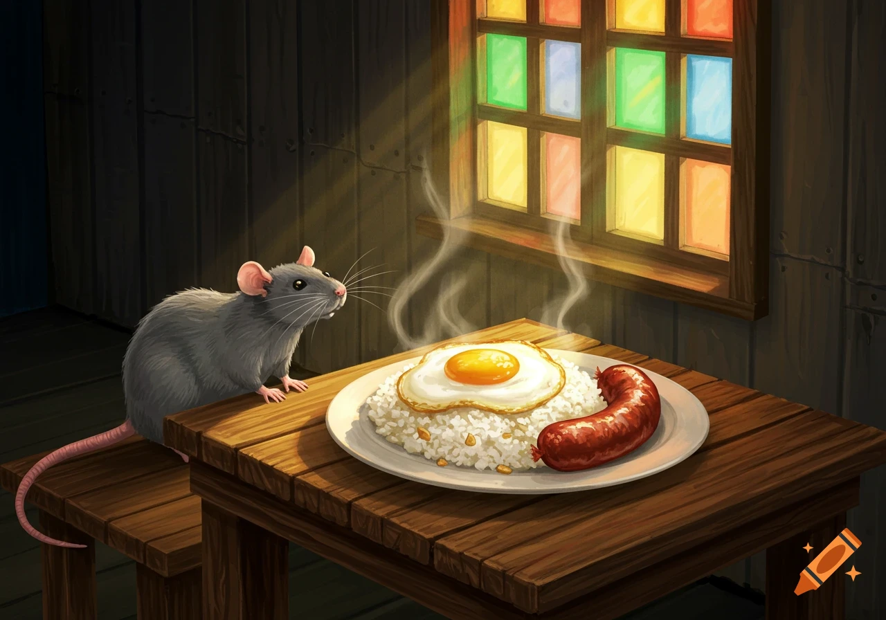 A gray rat sits on a wooden table, looking at a steaming plate of fried egg, rice, and sausage, lit by a colorful stained-glass window. Digital art.