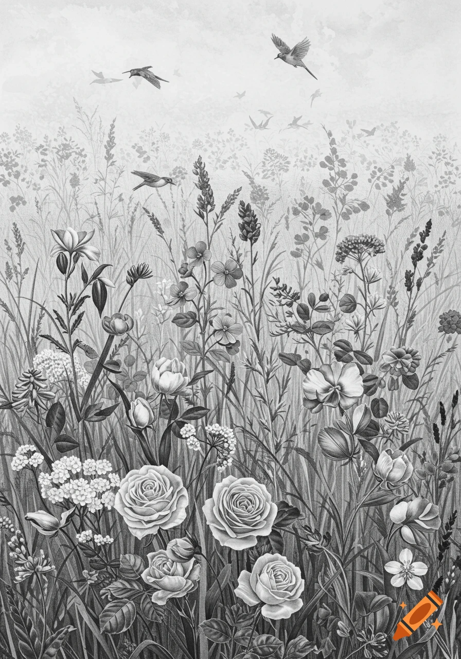 Detailed black and white illustration of a meadow filled with wildflowers and roses, with birds flying above.