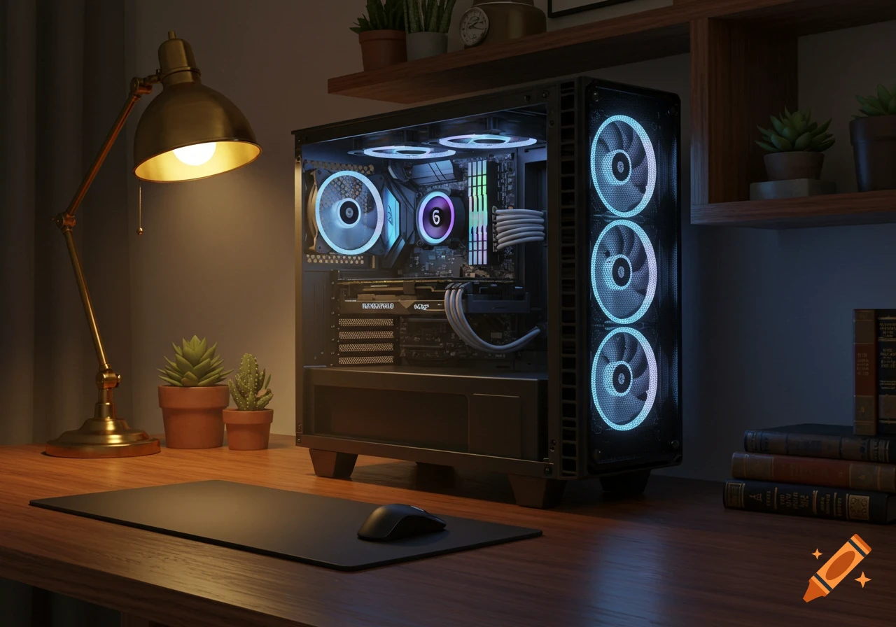 A photorealistic image of a desktop computer tower with glowing internal components on a wooden desk with a lamp, mouse, and potted plants.