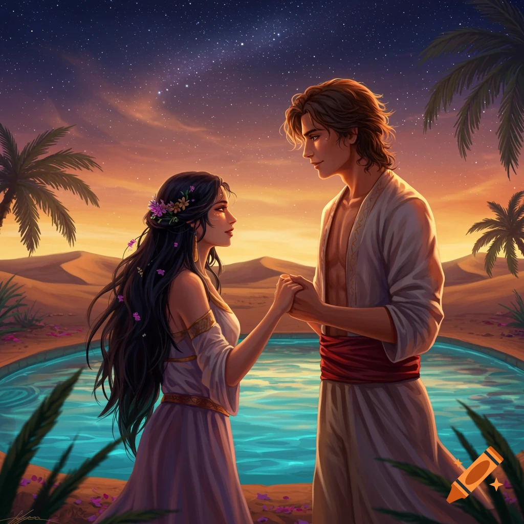 A man and woman hold hands by an oasis in a desert at sunset, with a starry night sky above, in a digital painting.