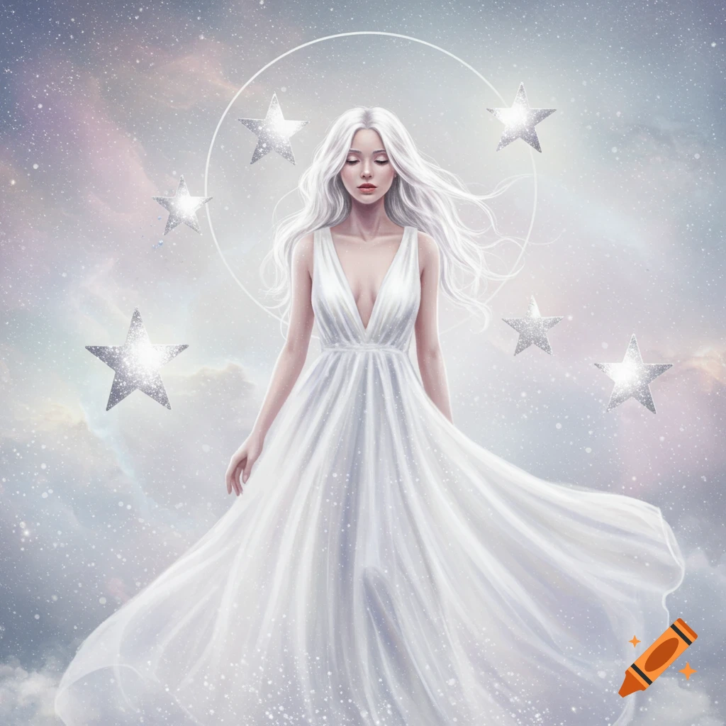 An ethereal woman with flowing white hair and a white v-neck gown stands among sparkling stars in a cosmic, cloudy sky.